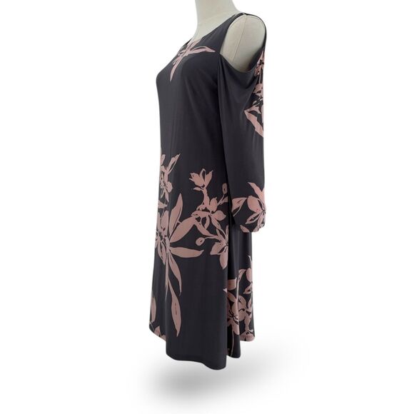 Cold Shoulder Long Sleeve Midi Dress Gray w/ Salmon Pink Floral Graphic Wm Sz 8‎ - Picture 1 of 8